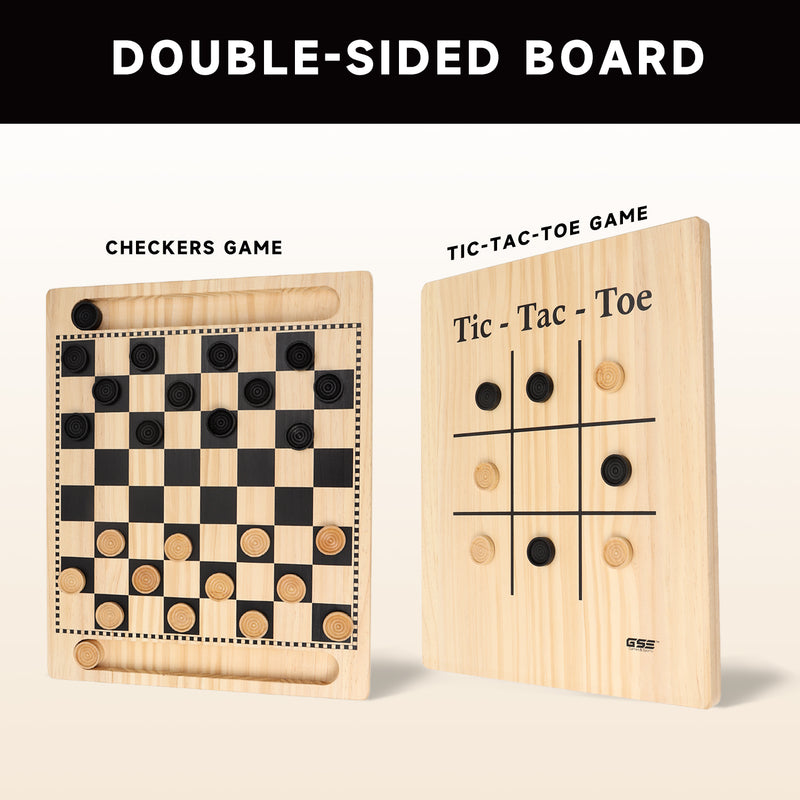 2-in-1 Double-Sided Reversible Solid Wood Checkers & Tic-Tac-Toe Board Game Combo Set with Game Pieces