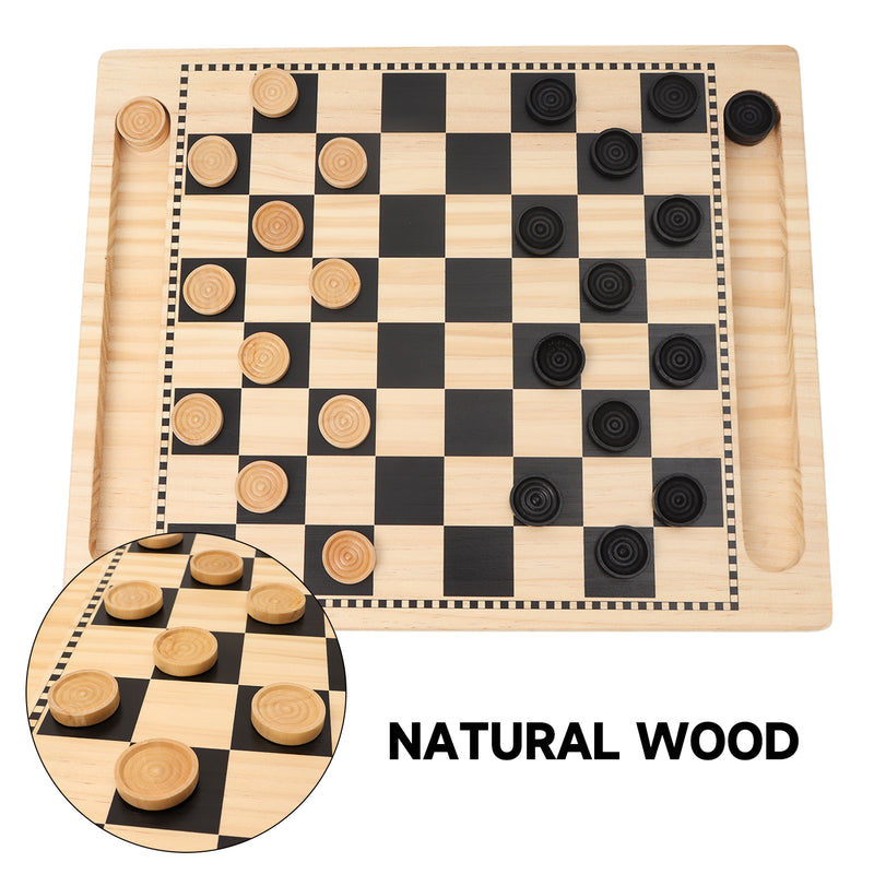 2-in-1 Double-Sided Reversible Solid Wood Checkers & Tic-Tac-Toe Board Game Combo Set with Game Pieces