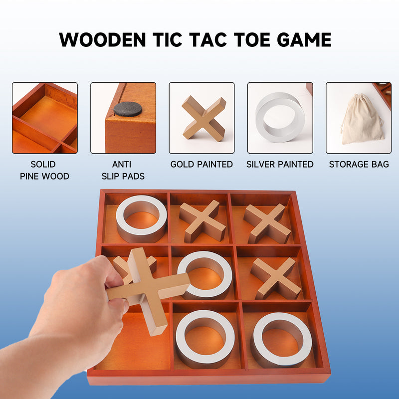 Classic Family Board Game, 14" Wooden Tic-Tac-Toe Game Set for Home Décor