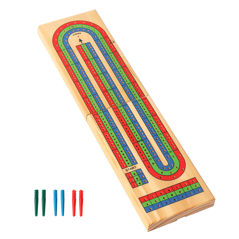 3-Track Color Coded Wooden Folding Travel Cribbage Board Game with 6 Plastic Pegs and Storage Peg Slot