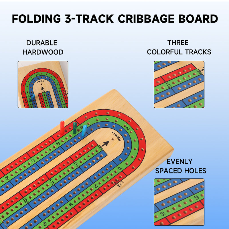 3-Track Color Coded Wooden Folding Travel Cribbage Board Game with 6 Plastic Pegs and Storage Peg Slot
