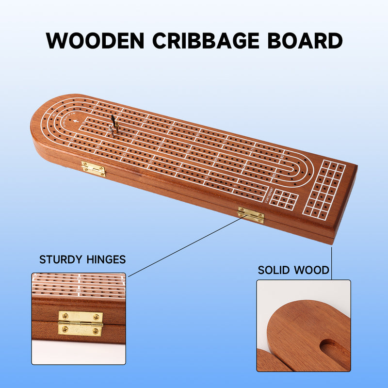 3-Track Wooden Cribbage Board Game with Playing Cards for Friends and Family Play