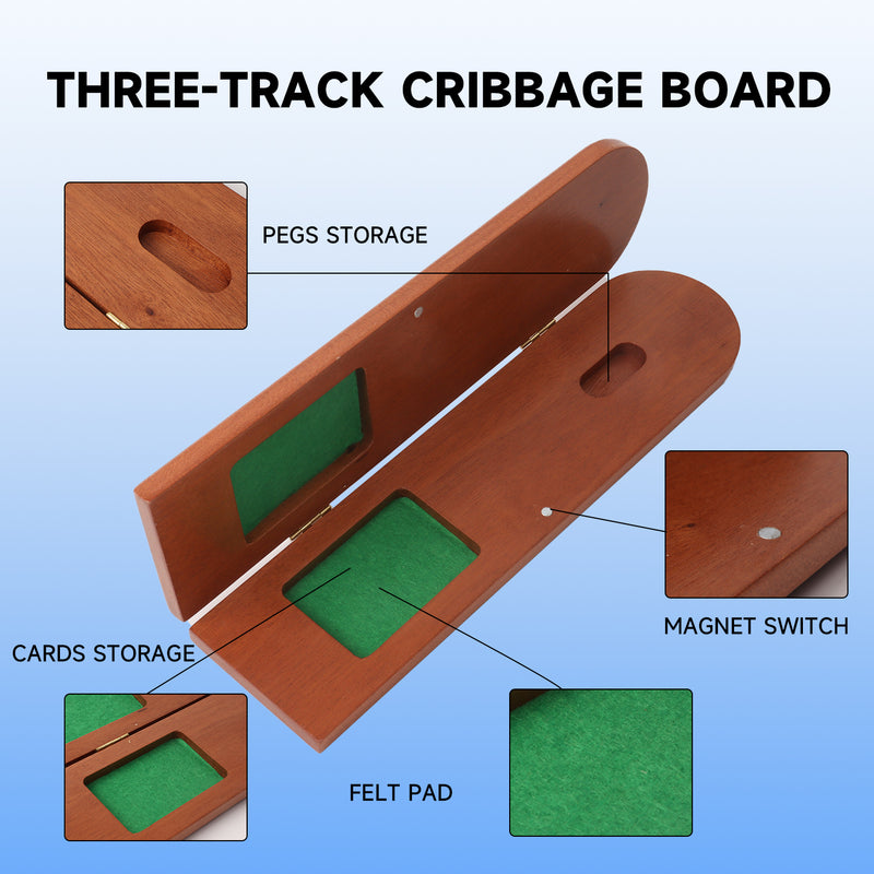 3-Track Wooden Cribbage Board Game with Playing Cards and Metal Pegs