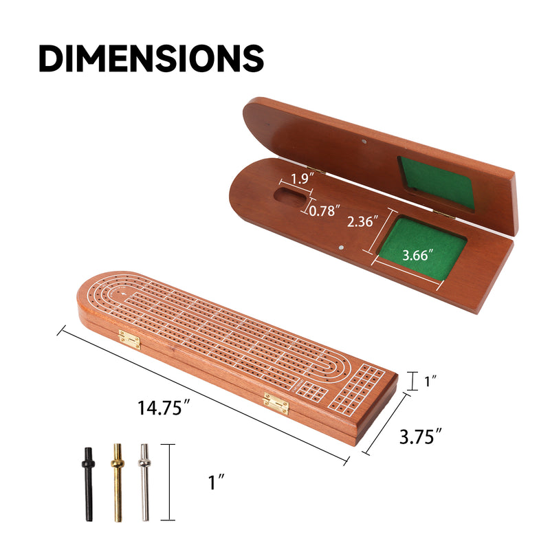 3-Track Wooden Cribbage Board Game with Playing Cards, 9 Metal Pegs for Friends and Family Play