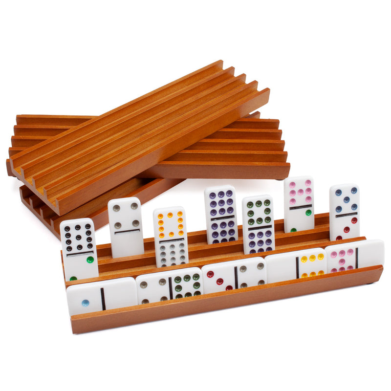 10" Mexican Train Dominoes Games Wooden Domino Racks Trays Holders for Mexican Train, Chicken Foot,Other Domino Games (Set of 4)
