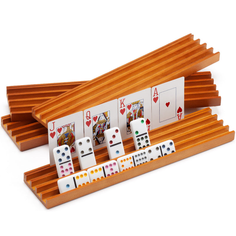 13.75" Set of 4 Domino & Playing Card Racks,  Wooden Domino Trays Holders Organizer