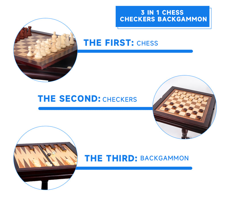 3-in-1 Wooden Chess Checkers Backgammon Table, Tabletop Combo Game Set