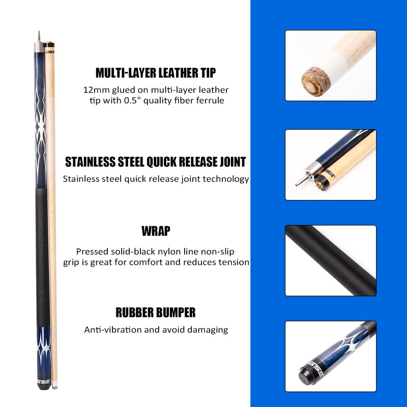 58" 2-Piece Canadian Maple Portable Carrying Billiard Pool Cue Stick for Practice and Commerical Use (Blue,18-21oz)