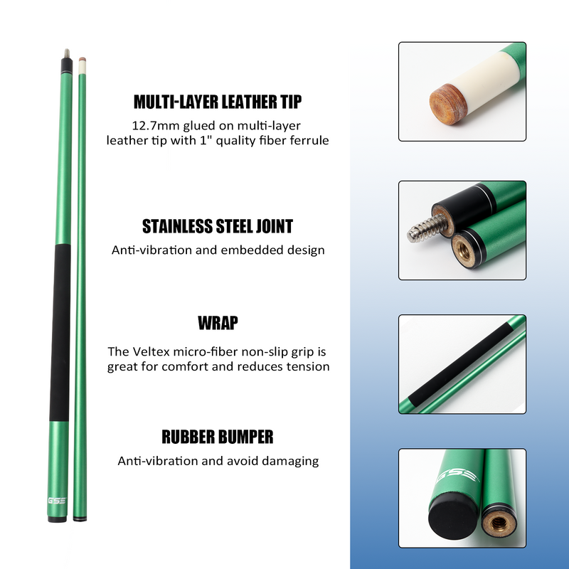 58" 2-Piece Fiberglass Graphite Composite Detachable Portable Billiard Pool Cue Stick for Commercial,Bar and House - Green (18-21oz)