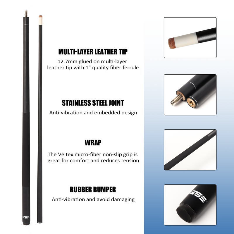 58" 2-Piece Fiberglass Graphite Composite Detachable Portable Billiard Pool Cue Stick for Commercial,Bar and House - Black (18oz-21oz Available)