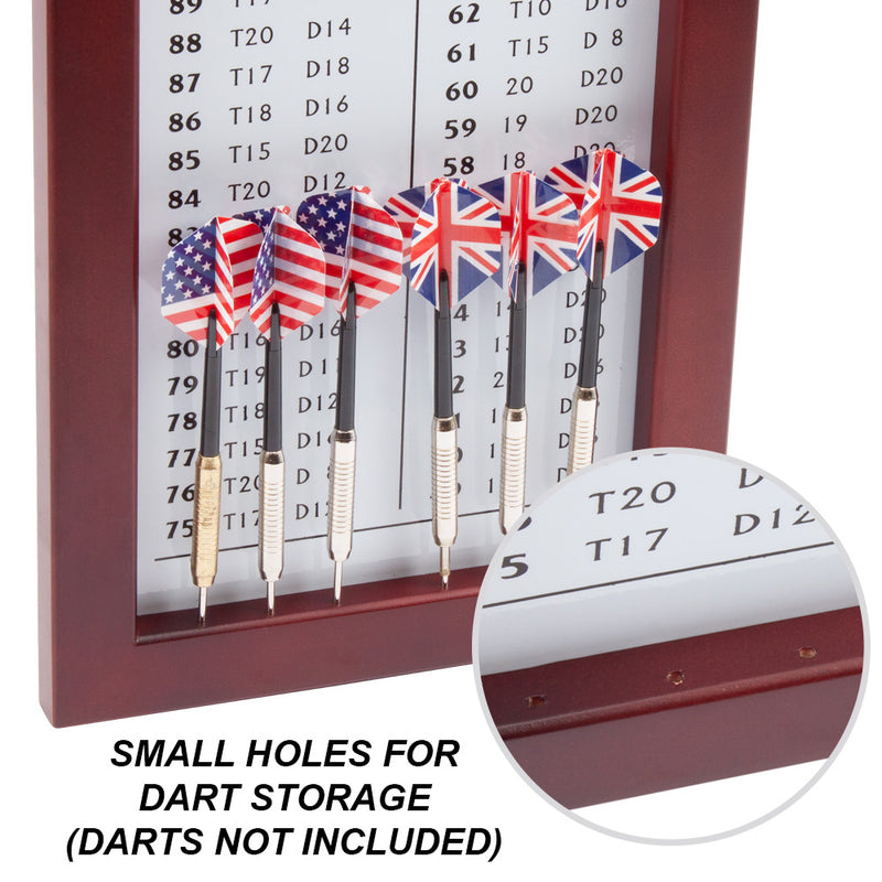 Soild Wood Dry-Erase Dart Scoreboard with Marker for Dart Board Cricket & 01 Dart Games/Dart Game Out Chart, with 6 Holes on the Bottom for Dart Storage