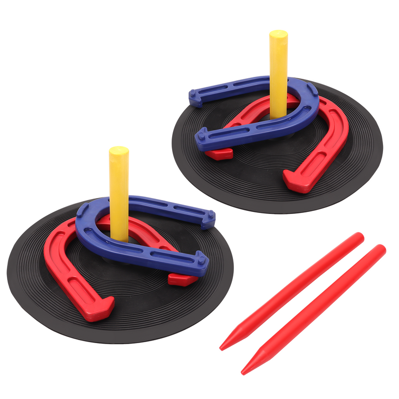 Rubber Horseshoe Game Set, 4 Horseshoes (2 Red/2 Blue), 2 Rubber Mats with Posts, and 2 Plastic Stakes