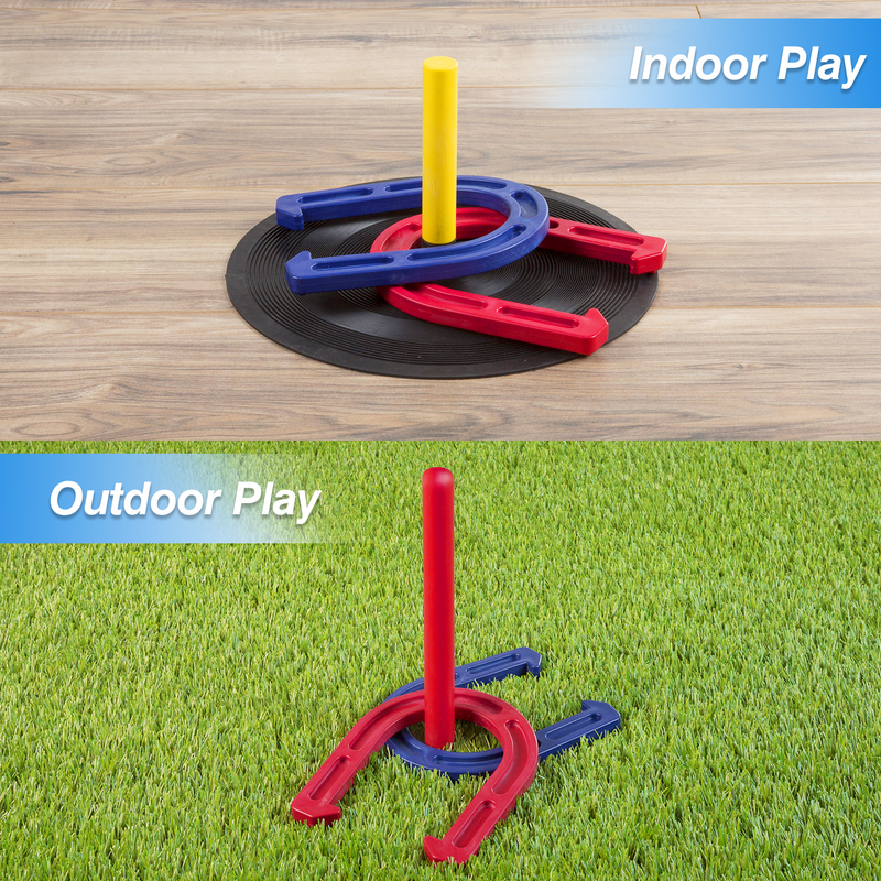 Rubber Horseshoe Game Set, 4 Horseshoes (2 Red/2 Blue), 2 Rubber Mats with Posts, and 2 Plastic Stakes